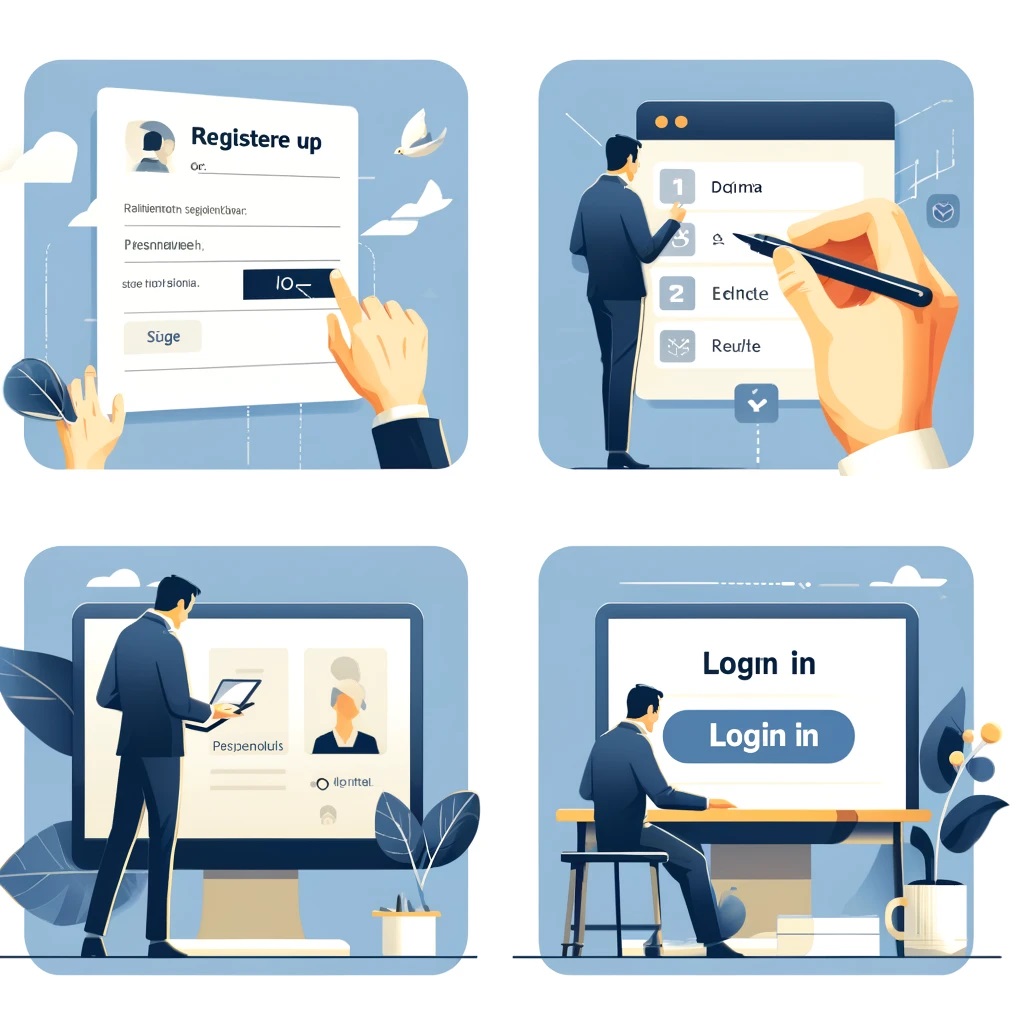 DALL·E 2024-06-09 23.07.52 - A step-by-step guide illustration for registering and logging in on Xinhuanet, showing a us