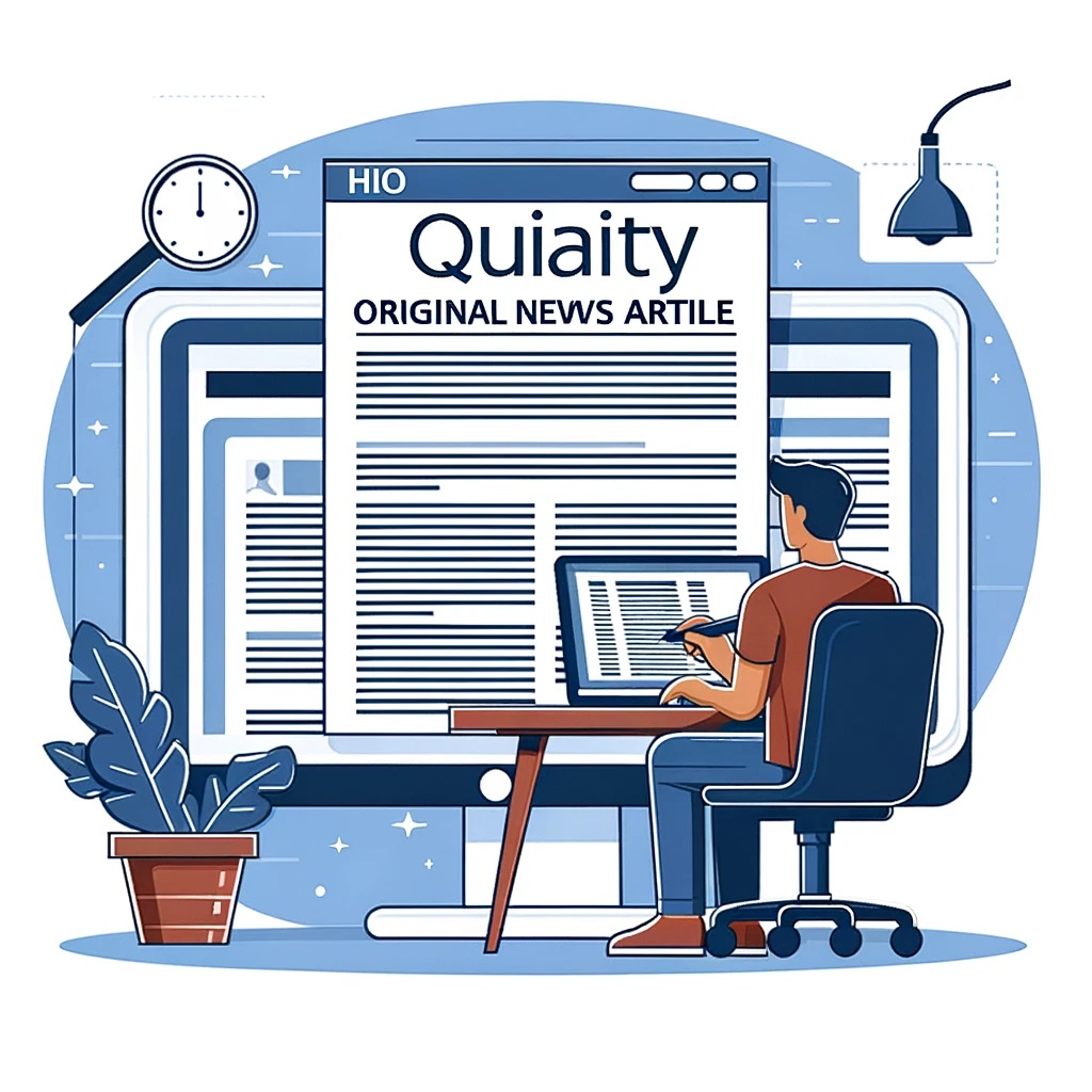 DALL·E 2024-06-11 23.19.38 - An illustration of writing a high-quality original news article. The scene includes a perso